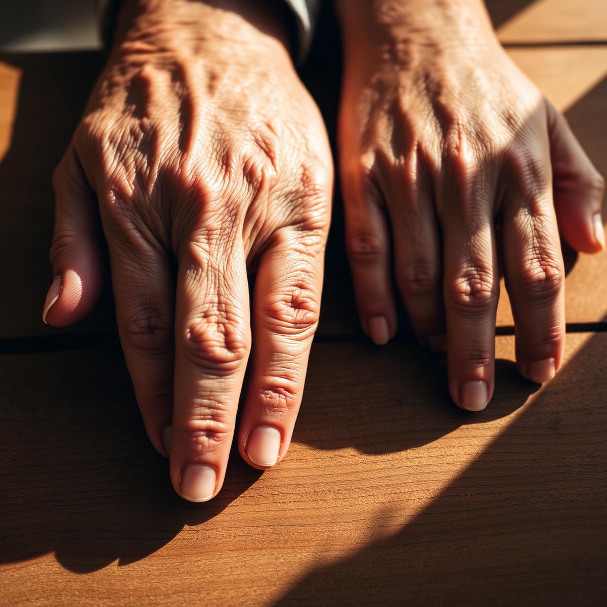 Two hands resting together on a wooden table