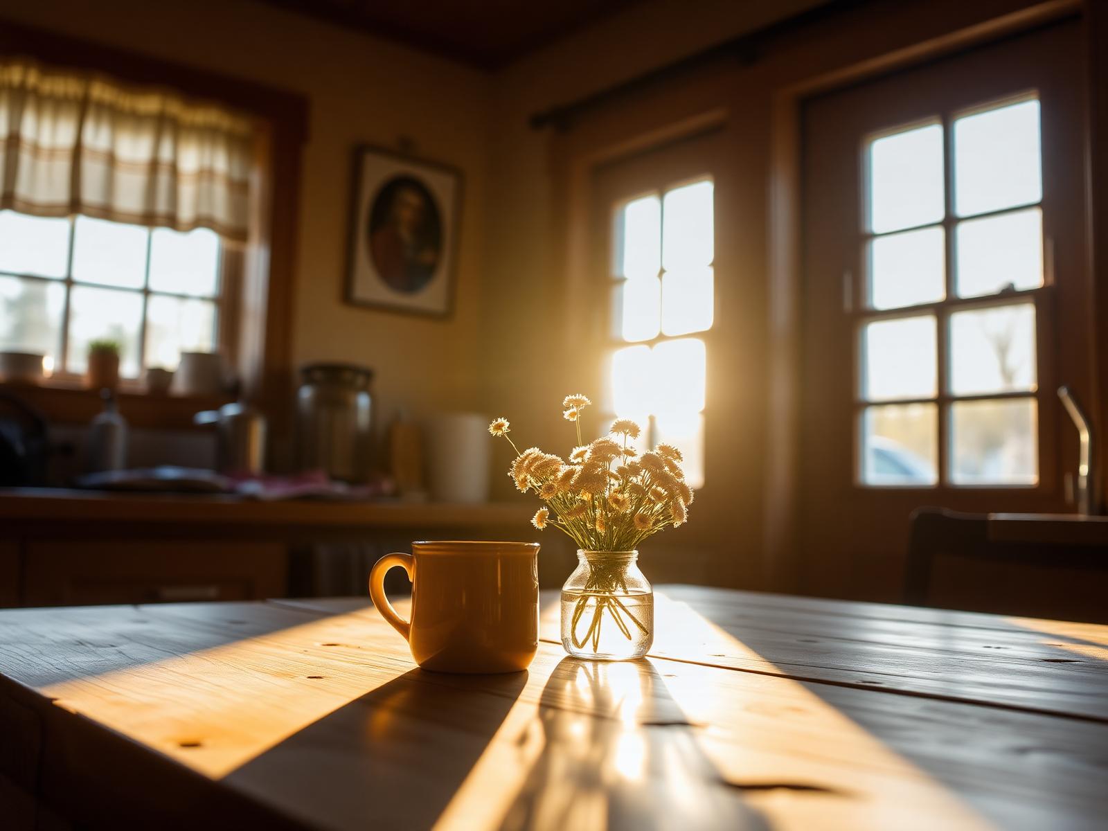 Golden afternoon light in a warm, well-loved kitchen